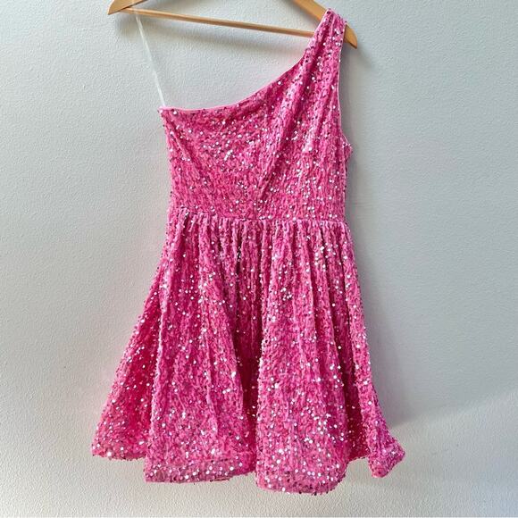 Faeriesty One Shoulder Sleeveless Pink Sequin Cocktail Dress, Women's Medium - Picture 7 of 13